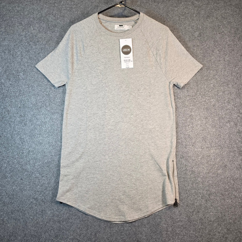 Topman Men's Longline T-Shirt Grey Raglan Side Zip Curved Hem XS 71Q01P GRY